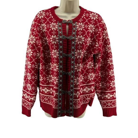 Vintage Casual Corner Red Cream Wool Cardigan Pewter Clasp Womens Medium - Picture 1 of 5